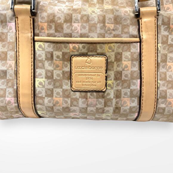 00s Y2k LIZ CLAIBORNE Vintage Tan Cream Monogram Barrel Shoulder Bag - Picture 8 of 11